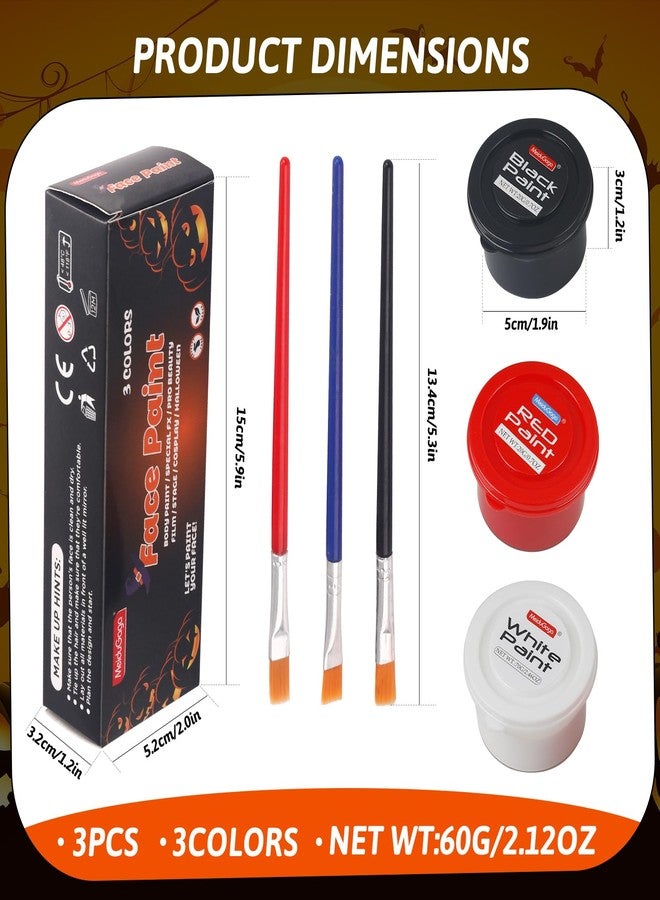 Ausbond 3 Color water-based Face Body Paint Set （Black + White + Red )with Brushes Kits Non-Toxic Easy Washable ,for Adults Halloweens Partys Cosplays Joker Zombie Vampire SFX Art Stage Makeup Adults - Image 2